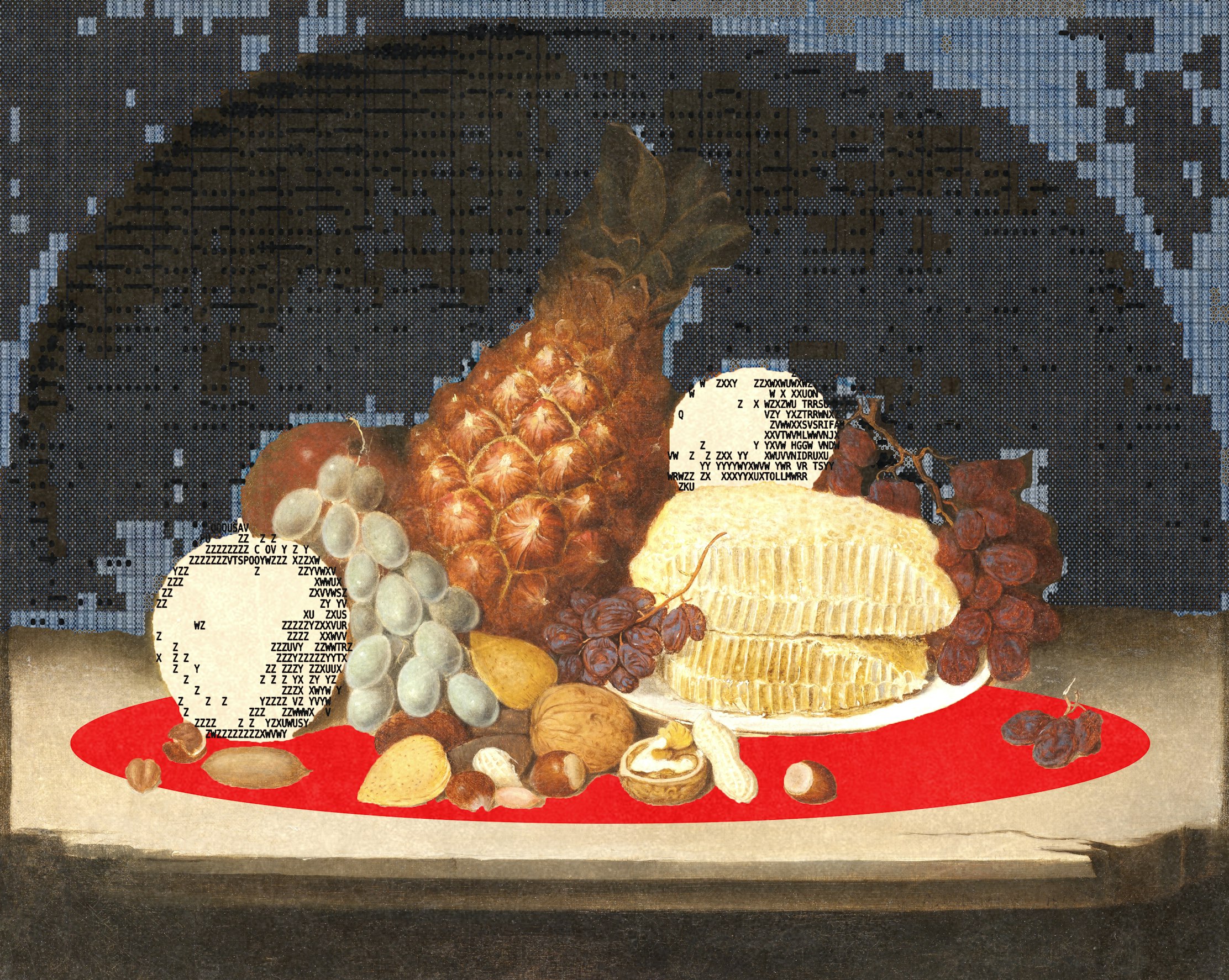 still life of fruits, dried fruits and a honeycomb, modified by ascii elements.