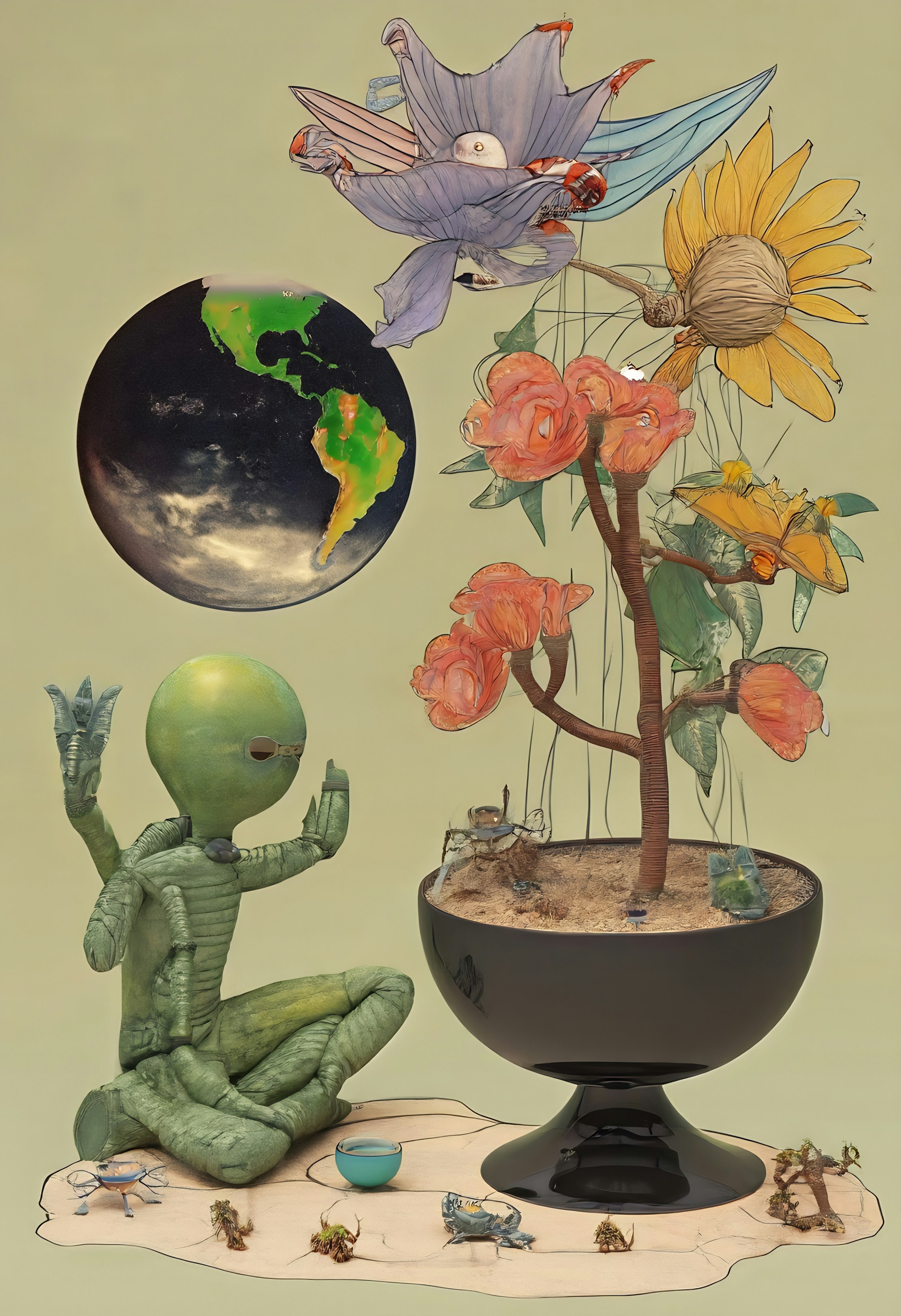 Alien Gardener Contemplates Earthly Blooms